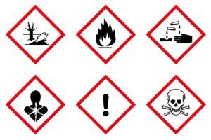 Sechs verschiedene Warnzeichen zur Kennzeichnung von Gefahren in der Industrie, darunter Symbole für Umweltgefahr, Entflammbarkeit, ätzende Stoffe, Gesundheitsgefahr, allgemeine Gefahrenquelle und Giftigkeit.