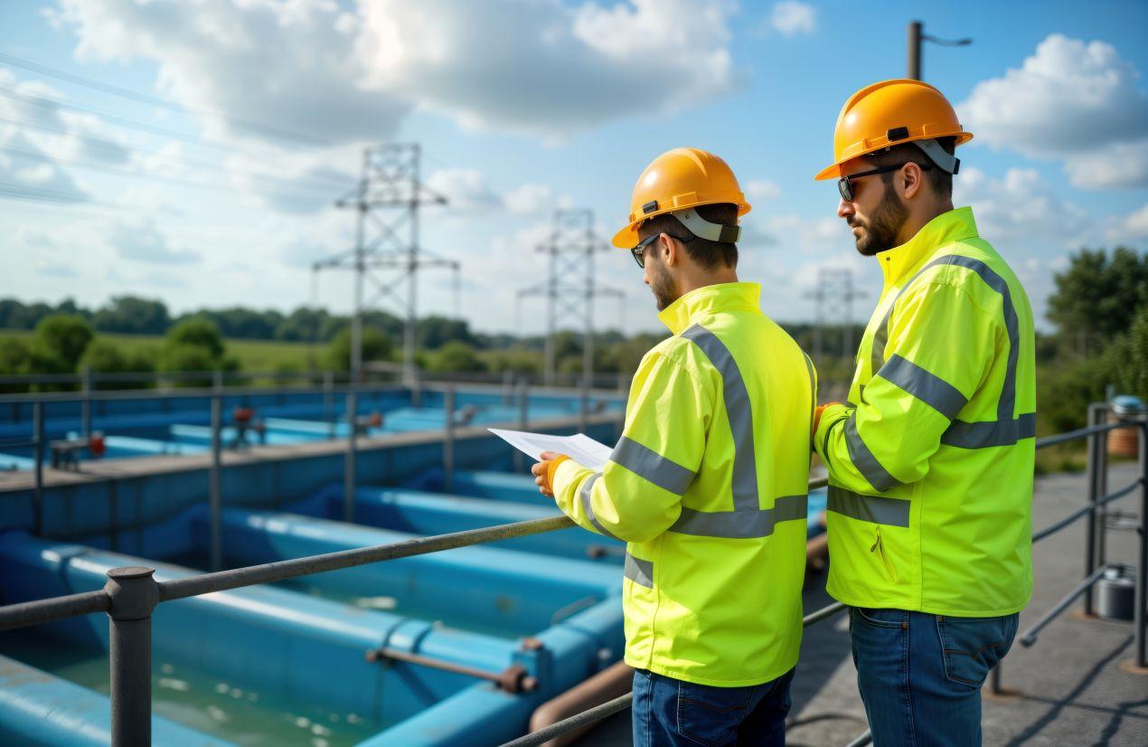 Zwei Ingenieure mit Schutzhelmen inspizieren eine Wasseraufbereitungsanlage, die Teil eines Systems mit Stauraumkanal ist