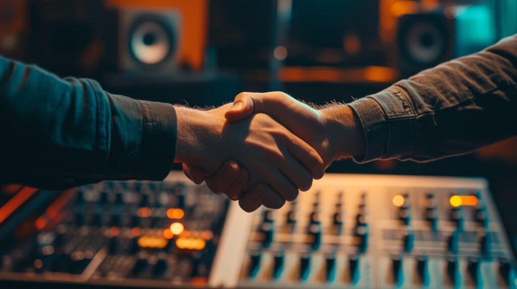 Handschlag vor Audioequipment im Studio | Software für Musikfachhandel