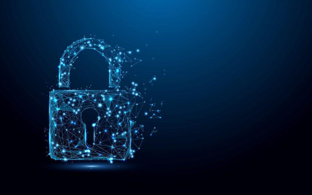Cybersicherheitskonzept. Schlossymbol aus Linien und Dreiecken, Punktverbindung Netzwerk auf blauem Hintergrund. Illustrationsvektor