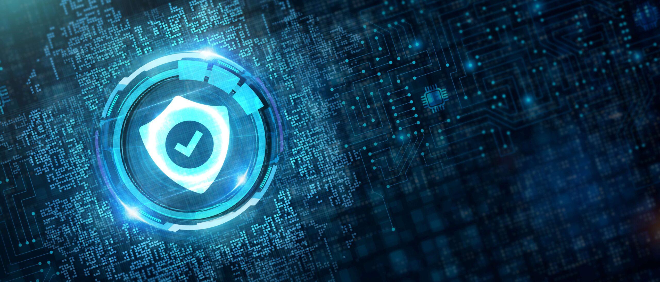 Cybersicherheitsdaten, Datenschutz, Geschäftstechnologie, Konzept des Datenschutzes. Ein junger Geschäftsmann wählt das Sicherheitssymbol auf dem virtuellen Bildschirm aus.