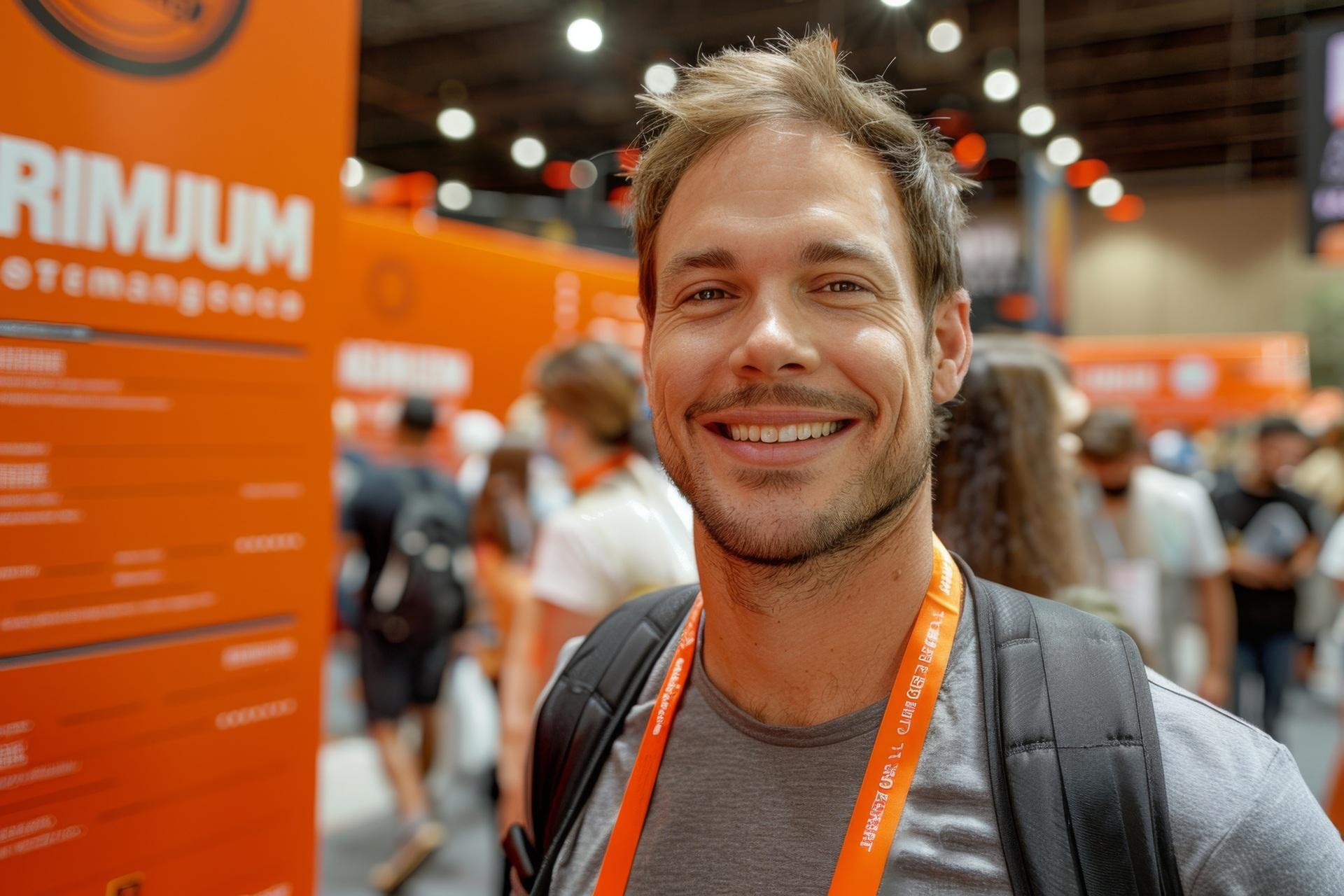 Lachender Besucher auf Fachmesse | LED-Messestand 