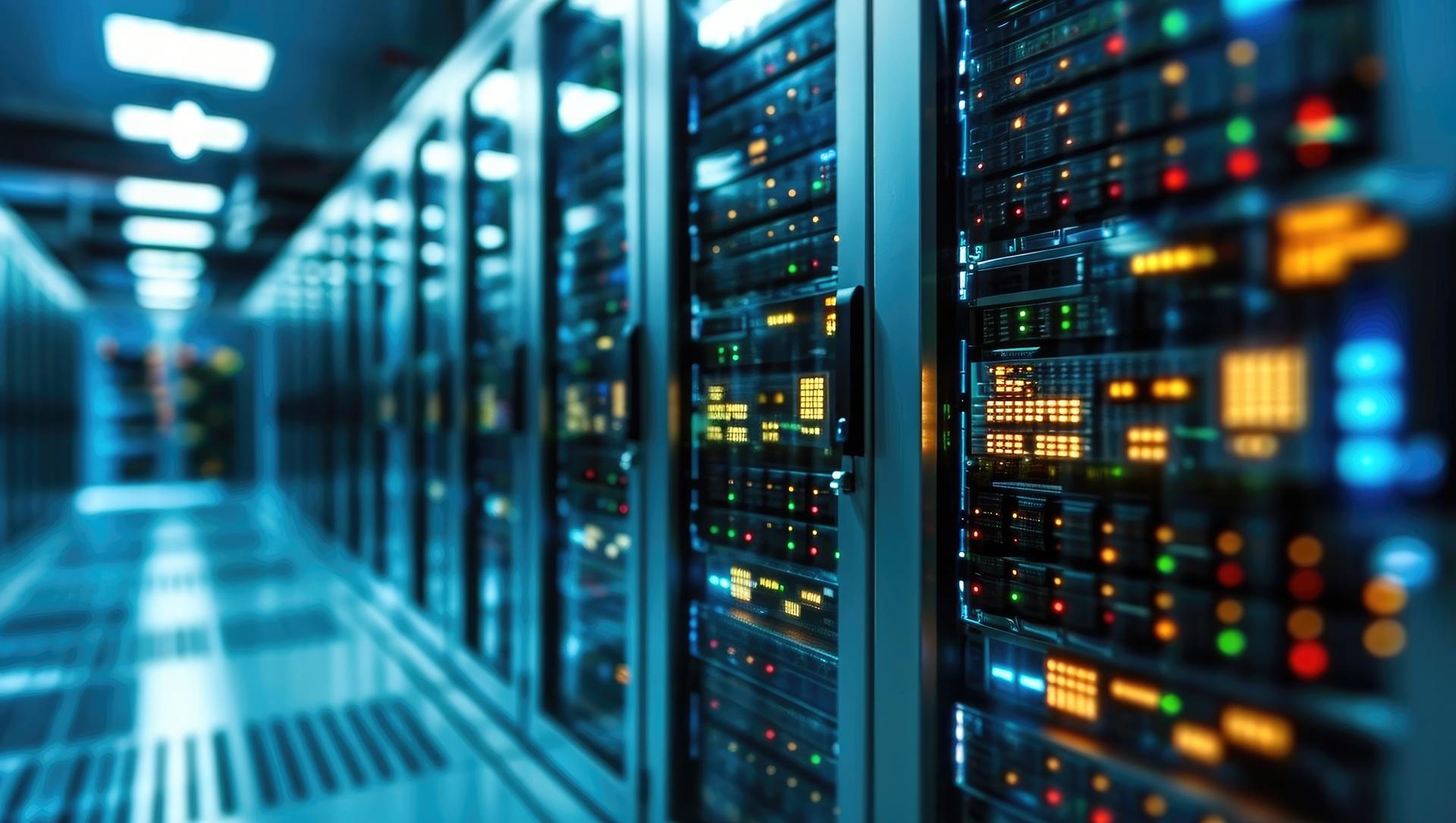 Beleuchteter Serverraum mit IT-Technik | Zutrittskontrollsystem

