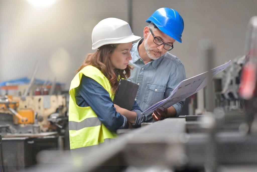 Technikerin und Techniker bei der Prüfung von Anlagenkomponenten in der Industrie